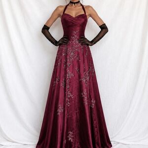 Vintage Y2K Pink Red Floral Beaded Satin Pleated Maxi Prom Dress Size XS